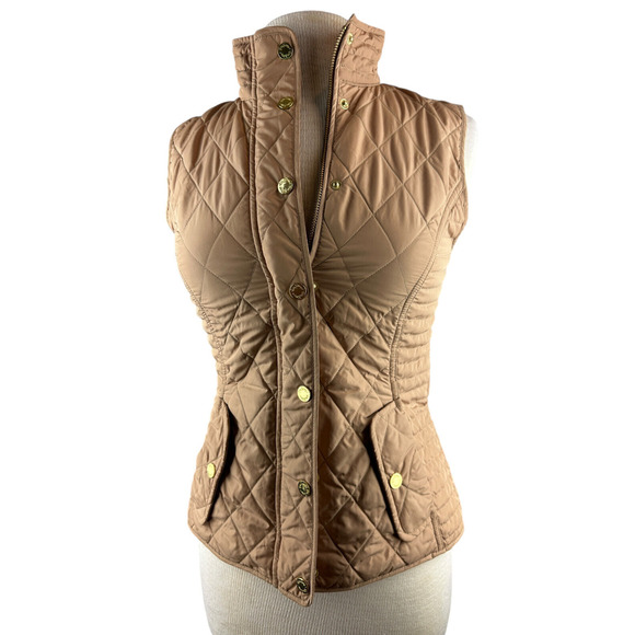 Lilly Pulitzer Quilted Vest Full Zip Up Snap Tan Printed Lining Women's Size XS - Picture 7 of 13